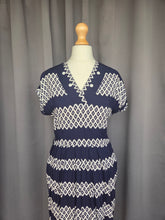 Load image into Gallery viewer, 1940s Navy Blue and White Diamond Print Dress With Button Detail
