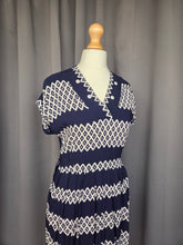 Load image into Gallery viewer, 1940s Navy Blue and White Diamond Print Dress With Button Detail
