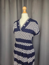 Load image into Gallery viewer, 1940s Navy Blue and White Diamond Print Dress With Button Detail
