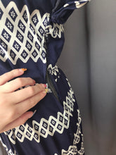 Load image into Gallery viewer, 1940s Navy Blue and White Diamond Print Dress With Button Detail
