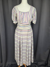 Load image into Gallery viewer, 1940s Off White Pink, Blue and Yellow Stripe Milkmaid Style Dress
