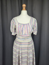 Load image into Gallery viewer, 1940s Off White Pink, Blue and Yellow Stripe Milkmaid Style Dress
