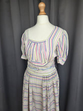 Load image into Gallery viewer, 1940s Off White Pink, Blue and Yellow Stripe Milkmaid Style Dress

