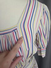 Load image into Gallery viewer, 1940s Off White Pink, Blue and Yellow Stripe Milkmaid Style Dress
