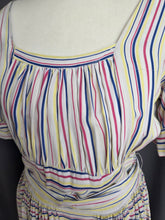 Load image into Gallery viewer, 1940s Off White Pink, Blue and Yellow Stripe Milkmaid Style Dress

