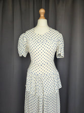 Load image into Gallery viewer, 1940s Blue and White Polka Dot Peplum Dress

