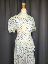 Load image into Gallery viewer, 1940s Blue and White Polka Dot Peplum Dress
