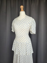 Load image into Gallery viewer, 1940s Blue and White Polka Dot Peplum Dress
