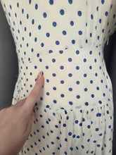 Load image into Gallery viewer, 1940s Blue and White Polka Dot Peplum Dress
