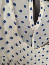 Load image into Gallery viewer, 1940s Blue and White Polka Dot Peplum Dress
