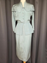 Load image into Gallery viewer, 1940s Pale Blue Silk Suit With Peplum Collar and Raglan Sleeve
