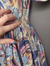 Load image into Gallery viewer, 1940s Blue Pink Leaf/Feather Crepe Dress
