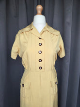 Load image into Gallery viewer, 1940s Lemon Yellow and Brown Button Rayon Dress
