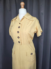 Load image into Gallery viewer, 1940s Lemon Yellow and Brown Button Rayon Dress

