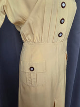 Load image into Gallery viewer, 1940s Lemon Yellow and Brown Button Rayon Dress
