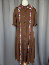 Load image into Gallery viewer, 1940s Brown And Rainbow Ribbon Dress With Peter Pan Collar
