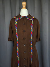 Load image into Gallery viewer, 1940s Brown And Rainbow Ribbon Dress With Peter Pan Collar
