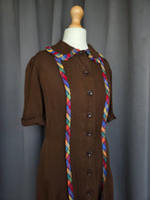 Load image into Gallery viewer, 1940s Brown And Rainbow Ribbon Dress With Peter Pan Collar
