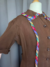 Load image into Gallery viewer, 1940s Brown And Rainbow Ribbon Dress With Peter Pan Collar
