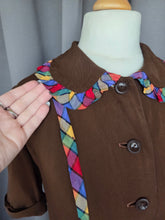 Load image into Gallery viewer, 1940s Brown And Rainbow Ribbon Dress With Peter Pan Collar
