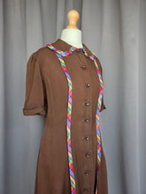 Load image into Gallery viewer, 1940s Brown And Rainbow Ribbon Dress With Peter Pan Collar
