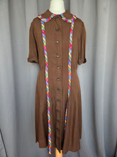 Load image into Gallery viewer, 1940s Brown And Rainbow Ribbon Dress With Peter Pan Collar
