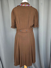 Load image into Gallery viewer, 1940s Brown And Rainbow Ribbon Dress With Peter Pan Collar
