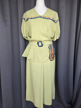 Load image into Gallery viewer, 1940s Chartreuse Green Crepe Dress With Blue Galalith Buckle and Rainbow Sash
