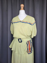 Load image into Gallery viewer, 1940s Chartreuse Green Crepe Dress With Blue Galalith Buckle and Rainbow Sash

