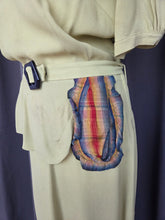 Load image into Gallery viewer, 1940s Chartreuse Green Crepe Dress With Blue Galalith Buckle and Rainbow Sash
