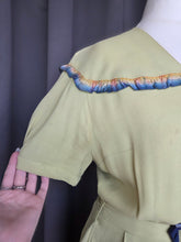 Load image into Gallery viewer, 1940s Chartreuse Green Crepe Dress With Blue Galalith Buckle and Rainbow Sash
