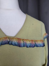 Load image into Gallery viewer, 1940s Chartreuse Green Crepe Dress With Blue Galalith Buckle and Rainbow Sash
