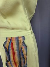 Load image into Gallery viewer, 1940s Chartreuse Green Crepe Dress With Blue Galalith Buckle and Rainbow Sash
