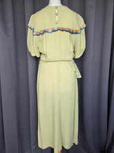 Load image into Gallery viewer, 1940s Chartreuse Green Crepe Dress With Blue Galalith Buckle and Rainbow Sash
