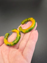 Load image into Gallery viewer, 1940s Green and Yellow Marbled Bakelite Hoop Earrings
