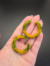 Load image into Gallery viewer, 1940s Green and Yellow Marbled Bakelite Hoop Earrings
