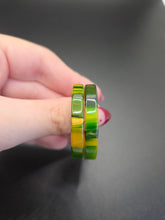 Load image into Gallery viewer, 1940s Green and Yellow Marbled Bakelite Hoop Earrings

