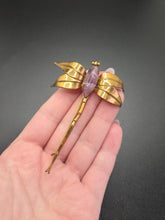 Load image into Gallery viewer, 1930s Deco Brass and Purple Glass Dragonfly Brooch
