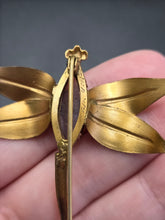 Load image into Gallery viewer, 1930s Deco Brass and Purple Glass Dragonfly Brooch
