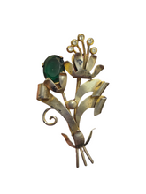 Load image into Gallery viewer, 1940s Huge Green Glass Gold Tone Flower Brooch
