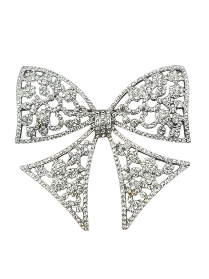 1930s Art Deco Huge Glass and Chrome Bow Brooch