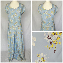 Load image into Gallery viewer, 1940s Wounded Pale Blue Silky House Dress With Yellow and Brown Leaf Pattern
