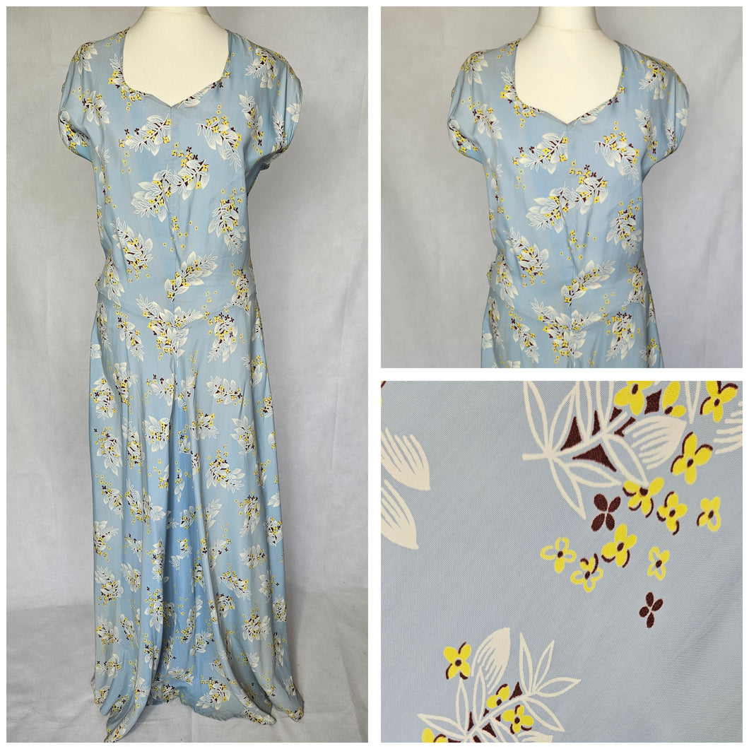1940s Wounded Pale Blue Silky House Dress With Yellow and Brown Leaf Pattern