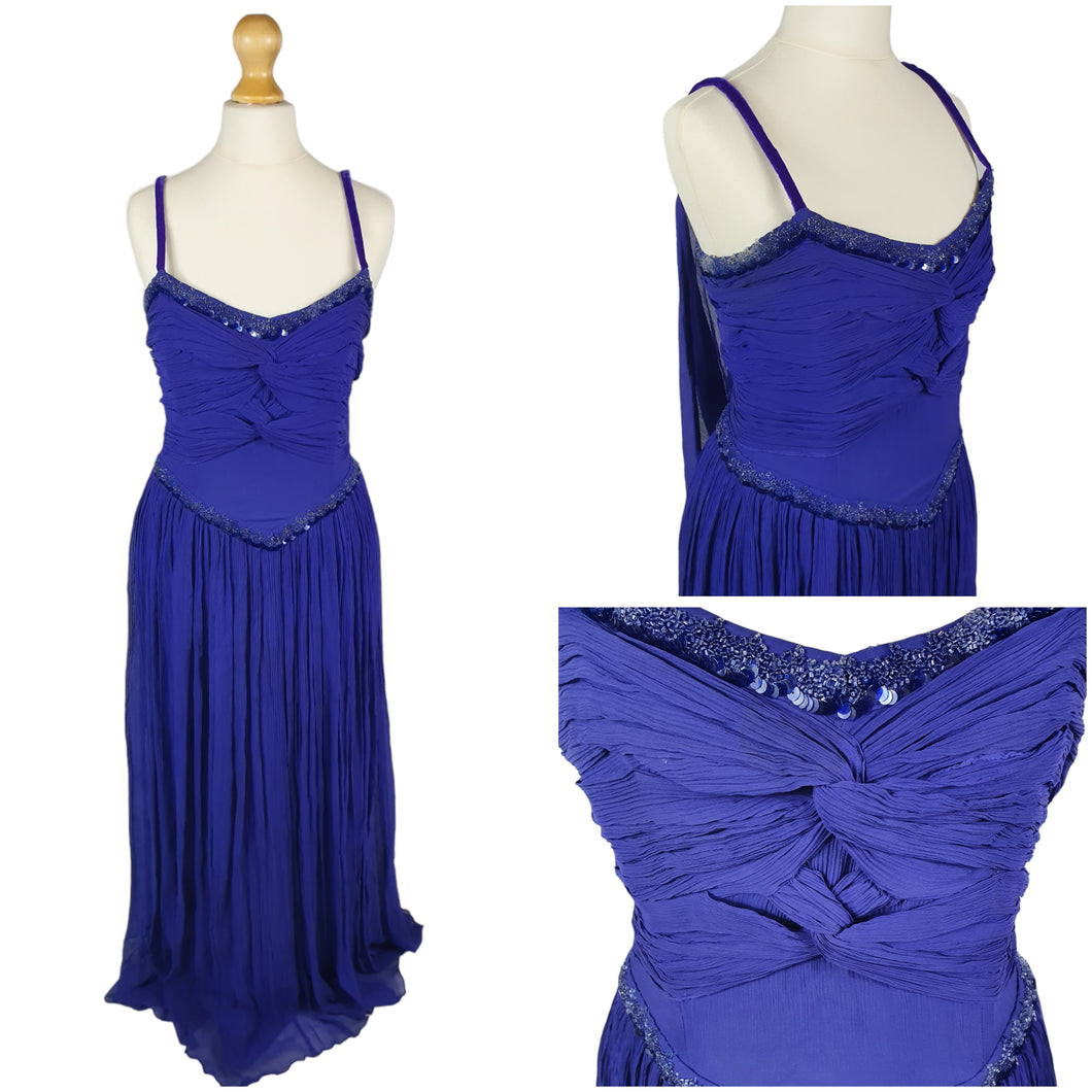 1940s Purple/Blue Dress With Drape at The Back, Beading and Pleating