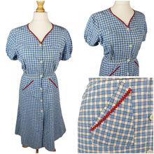 Load image into Gallery viewer, 1940s Blue Gingham Dress with Red Ric Rac Detail and Puff Sleeves
