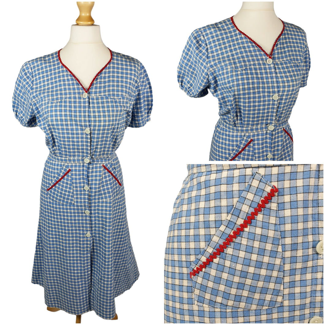 1940s Blue Gingham Dress with Red Ric Rac Detail and Puff Sleeves