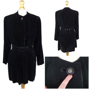 1940s Black Thick Velvet Swing Jacket/Coat With Huge Belt and Studs
