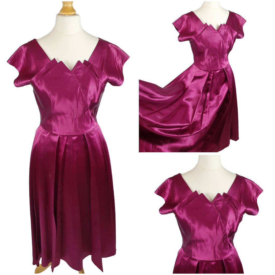 1950s Magenta Pink Liquid Satin Dress With Pleats and Layered Collar