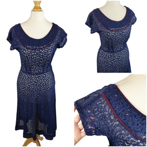 Late 1940s Navy Blue Lace Dress With Purple Trim