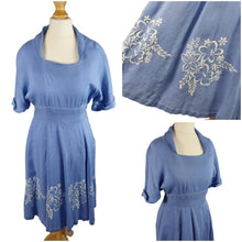 Load image into Gallery viewer, 1940s Pale Blue Linen Dress With Embroidered Flowers
